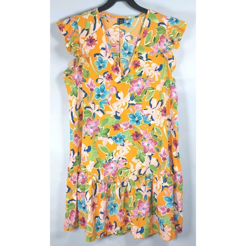 Shein Womens Floral A-Line Dress Sz XL (L Fit) Vneck Ruffle Sleeves Orange Pink